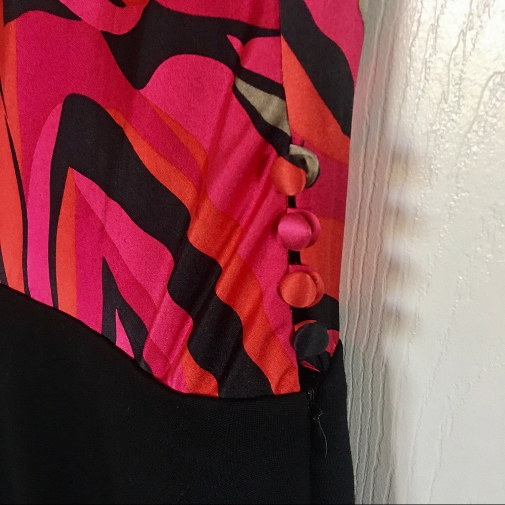 Trina Turk | Vintage Cowl Neck Colorful Silk Cocktail Party Dress - Red, Black - Picture 5 of 9